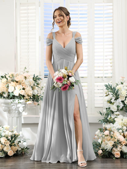 Vestidos de Dama de Honra Em Chiffon Linha A com Decote Em V Dividido Lateral Franzido Até O Chão