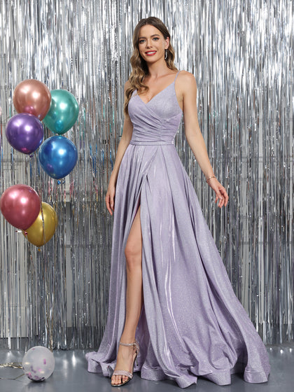 A-Line Alças Finas Decote Em V Sem Mangas Metálico Lurex Vestidos Longos de Baile