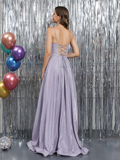 A-Line Alças Finas Decote Em V Sem Mangas Metálico Lurex Vestidos Longos de Baile