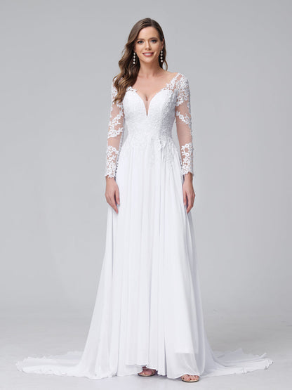 Vestidos de Noiva Longos Em Chiffon com Mangas Compridas e Decote Em A com Apliques de Renda