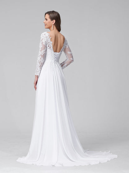 Vestidos de Noiva Longos Em Chiffon com Mangas Compridas e Decote Em A com Apliques de Renda