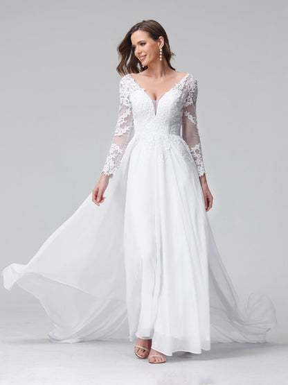 Vestidos de Noiva Longos Em Chiffon com Mangas Compridas e Decote Em A com Apliques de Renda