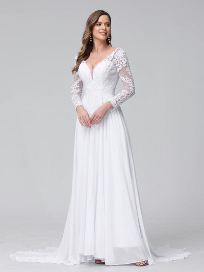 Vestidos de Noiva Longos Em Chiffon com Mangas Compridas e Decote Em A com Apliques de Renda