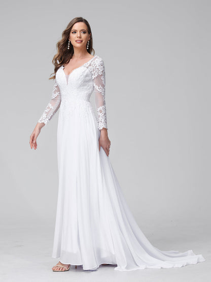 Vestidos de Noiva Longos Em Chiffon com Mangas Compridas e Decote Em A com Apliques de Renda