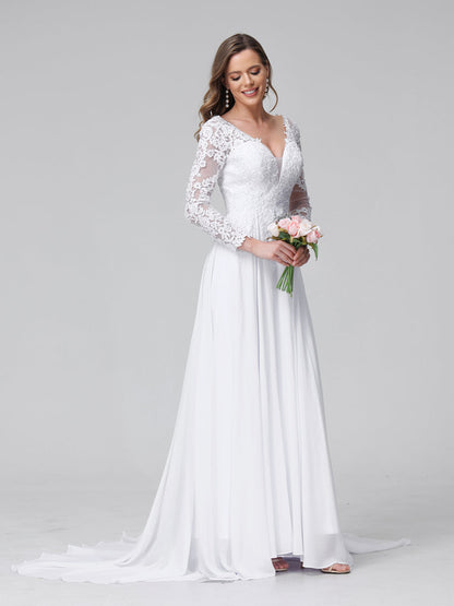 Vestidos de Noiva Longos Em Chiffon com Mangas Compridas e Decote Em A com Apliques de Renda