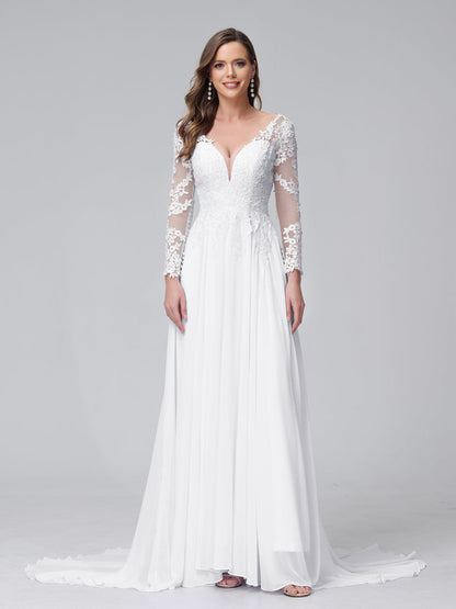 Vestidos de Noiva Longos Em Chiffon com Mangas Compridas e Decote Em A com Apliques de Renda