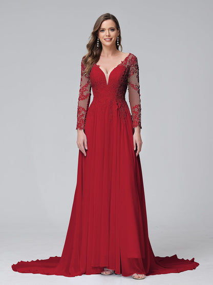Vestidos de Noiva Longos Em Chiffon com Mangas Compridas e Decote Em A com Apliques de Renda
