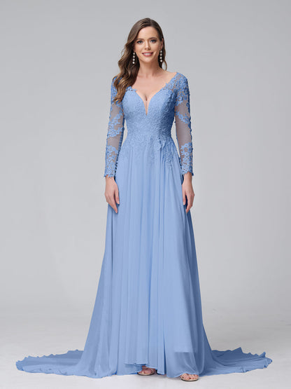 Vestidos de Noiva Longos Em Chiffon com Mangas Compridas e Decote Em A com Apliques de Renda
