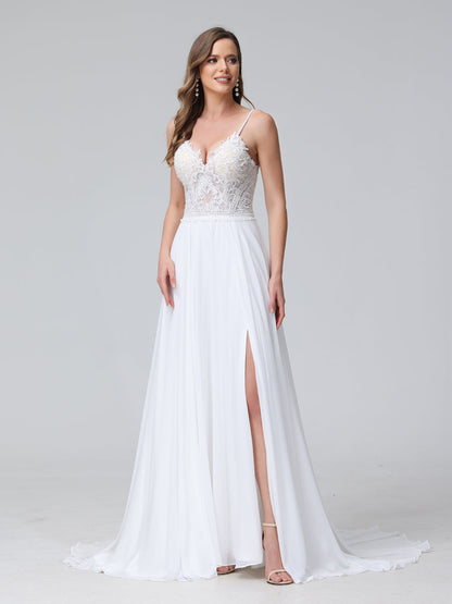 A-Line Alças Finas com Decote Em V Sem Mangas Vestidos de Casamento Longos de Chiffon com Apliques Laterais Divididas