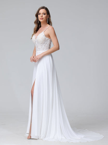 A-Line Alças Finas com Decote Em V Sem Mangas Vestidos de Casamento Longos de Chiffon com Apliques Laterais Divididas