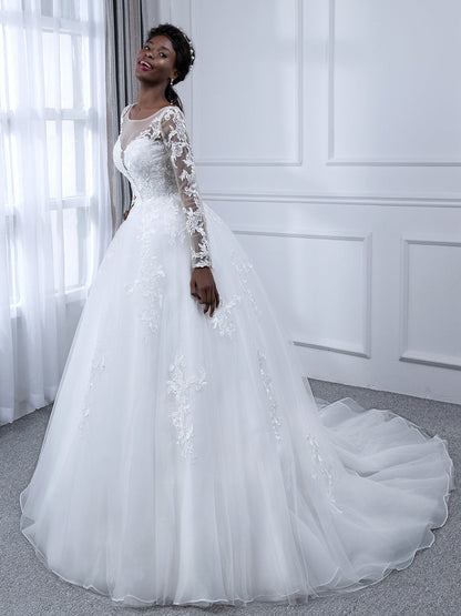 Vestido de Baile de Tule com Decote Transparente Vestidos de Noiva com Mangas Compridas e Apliques