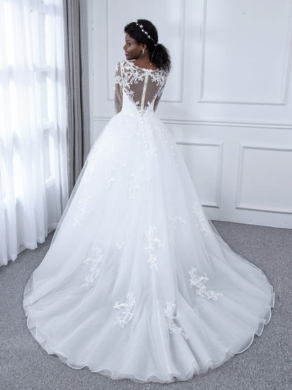 Vestido de Baile de Tule com Decote Transparente Vestidos de Noiva com Mangas Compridas e Apliques