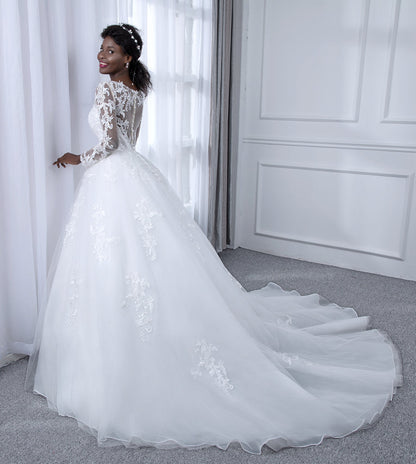 Vestido de Baile de Tule com Decote Transparente Vestidos de Noiva com Mangas Compridas e Apliques