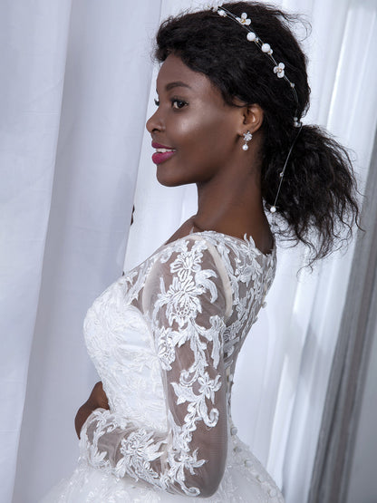 Vestido de Baile de Tule com Decote Transparente Vestidos de Noiva com Mangas Compridas e Apliques