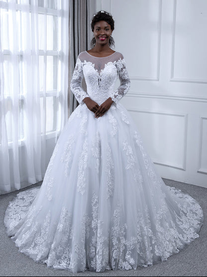 Sheer Neck Mangas Compridas Tule Vestido de Baile Vestidos de Casamento com Apliques de Miçangas