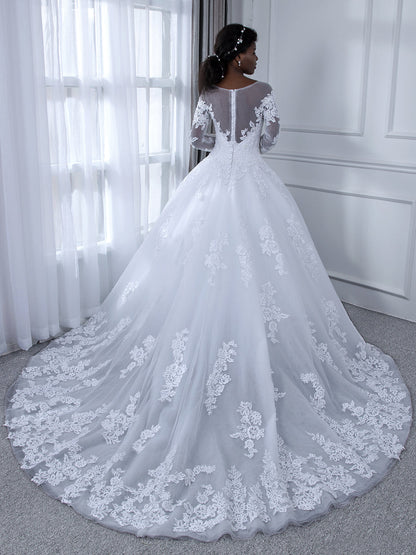 Sheer Neck Mangas Compridas Tule Vestido de Baile Vestidos de Casamento com Apliques de Miçangas