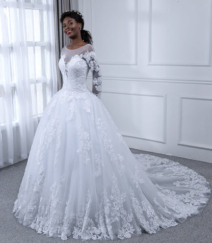 Sheer Neck Mangas Compridas Tule Vestido de Baile Vestidos de Casamento com Apliques de Miçangas