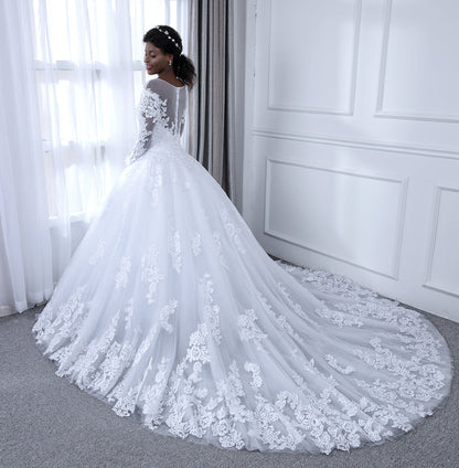 Sheer Neck Mangas Compridas Tule Vestido de Baile Vestidos de Casamento com Apliques de Miçangas