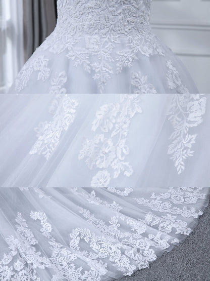 Sheer Neck Mangas Compridas Tule Vestido de Baile Vestidos de Casamento com Apliques de Miçangas