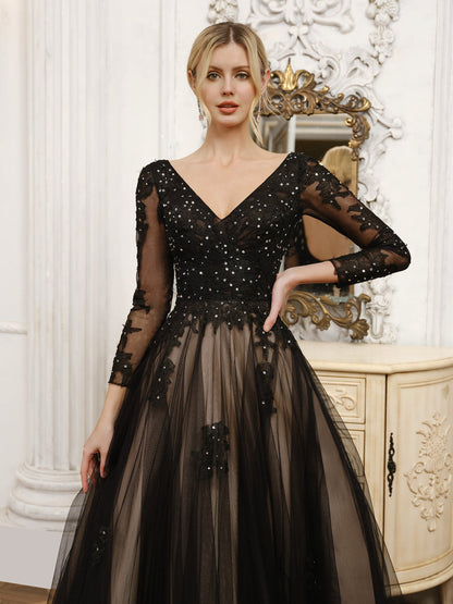 Vestido de Baile de Tule com Decote Em V Vestidos de Noiva com Miçangas e Apliques