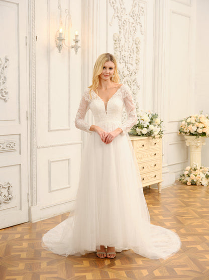 Vestidos de Noiva Longos Em Renda Evasê/Princesa com Decote Em V e Apliques e Mangas Compridas