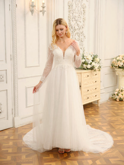 Vestidos de Noiva Longos Em Renda Evasê/Princesa com Decote Em V e Apliques e Mangas Compridas
