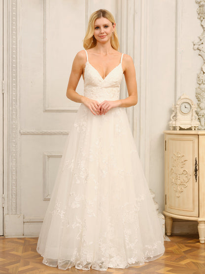 Vestidos de Noiva Longos Em Linha A/Princesa com Decote Em V Sem Mangas e Apliques