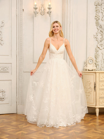 Vestidos de Noiva Longos Em Linha A/Princesa com Decote Em V Sem Mangas e Apliques