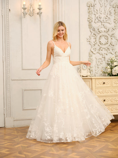 Vestidos de Noiva Longos Em Linha A/Princesa com Decote Em V Sem Mangas e Apliques