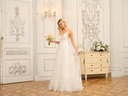 Vestidos de Noiva Longos Em Linha A/Princesa com Decote Em V Sem Mangas e Apliques