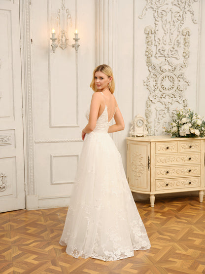Vestidos de Noiva Longos Em Linha A/Princesa com Decote Em V Sem Mangas e Apliques