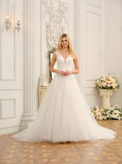 Vestidos de Noiva Longos Sem Mangas com Decote Em V com Apliques e Miçangas
