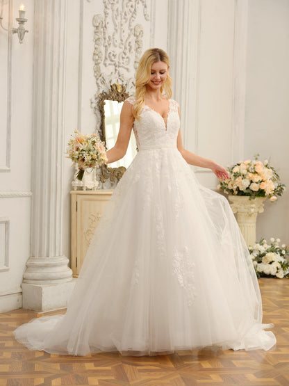 Vestidos de Noiva Longos Sem Mangas com Decote Em V com Apliques e Miçangas
