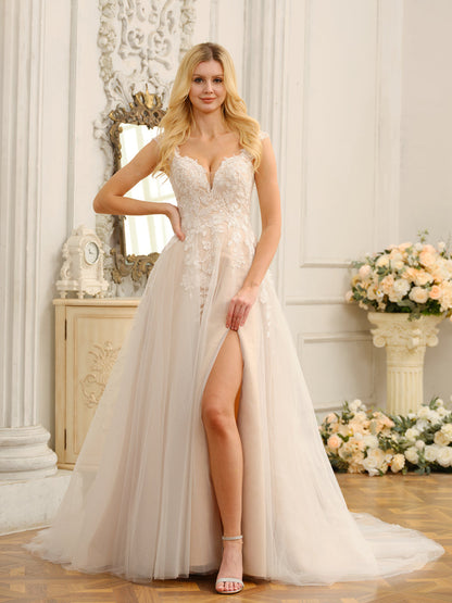Vestidos de Noiva Longos Sem Mangas A-Line/Princesa com Apliques e Laterais Divididas