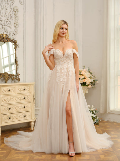 Vestidos de Noiva Longos Sem Mangas A-Line/Princesa com Apliques e Laterais Divididas
