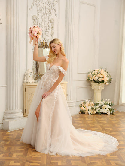 Vestidos de Noiva Longos Sem Mangas A-Line/Princesa com Apliques e Laterais Divididas