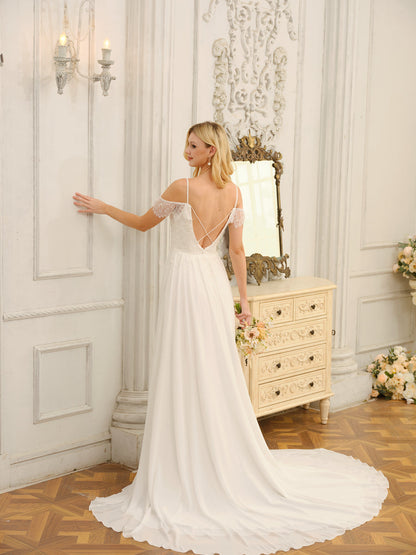 Vestidos de Noiva Longos Evasê/Princesa com Ombros Largos e Apliques e Laterais Divididas