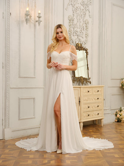 Vestidos de Noiva Longos Evasê/Princesa com Ombros Largos e Apliques e Laterais Divididas
