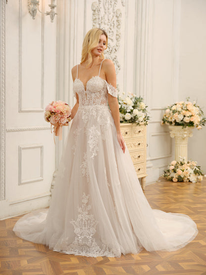 Vestidos de Noiva Longos de Tule Sem Mangas com Ombros Largos e Apliques