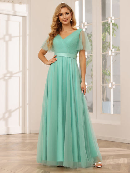 Vestidos Princesa/ Formato A Em Tule Longo para Dama de Honra com Mangas