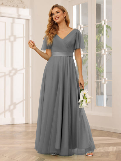Vestidos Princesa/ Formato A Em Tule Longo para Dama de Honra com Mangas