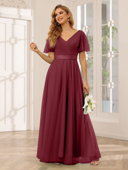 Vestidos Princesa/ Formato A Em Tule Longo para Dama de Honra com Mangas