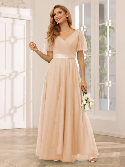 Vestidos Princesa/ Formato A Em Tule Longo para Dama de Honra com Mangas