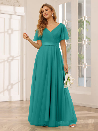 Vestidos Princesa/ Formato A Em Tule Longo para Dama de Honra com Mangas