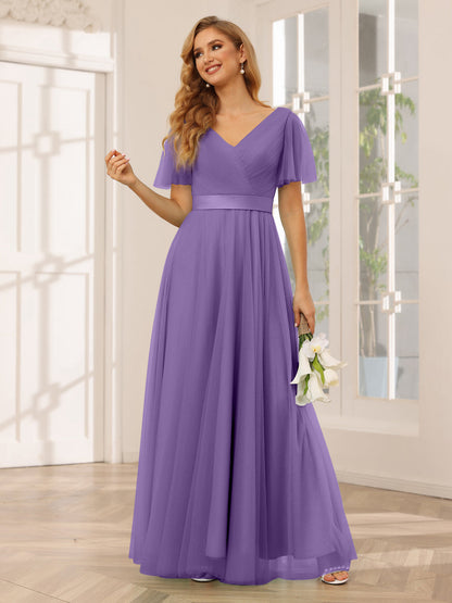 Vestidos Princesa/ Formato A Em Tule Longo para Dama de Honra com Mangas