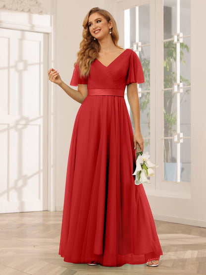 Vestidos Princesa/ Formato A Em Tule Longo para Dama de Honra com Mangas