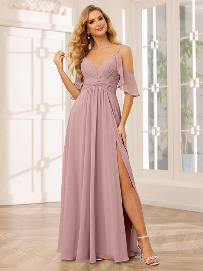 Vestidos de Dama de Honra Linha A/Princesa com Decote Em V e Alças Finas com Divisão Lateral