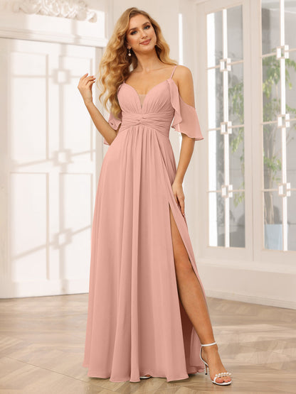 Vestidos de Dama de Honra Linha A/Princesa com Decote Em V e Alças Finas com Divisão Lateral