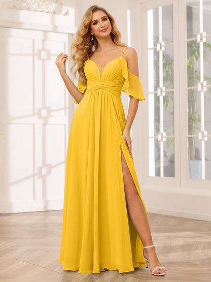 Vestidos de Dama de Honra Linha A/Princesa com Decote Em V e Alças Finas com Divisão Lateral