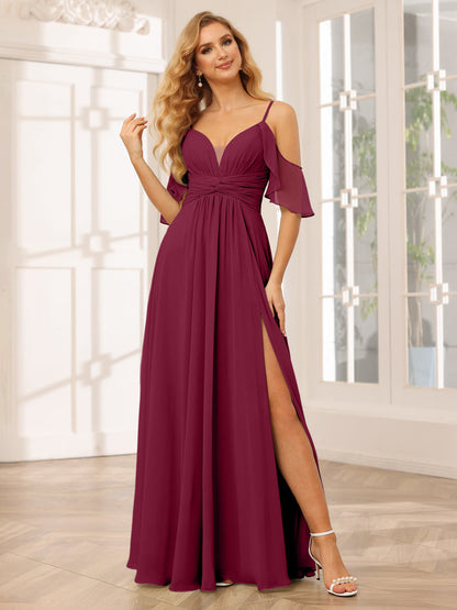 Vestidos de Dama de Honra Linha A/Princesa com Decote Em V e Alças Finas com Divisão Lateral